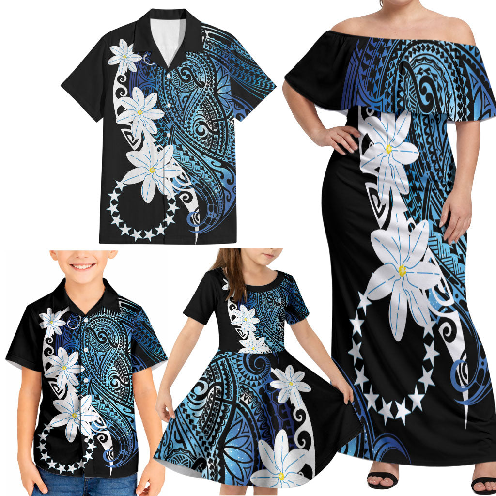 Cook Islands Maori Language Week Family Matching Off Shoulder Maxi Dress and Hawaiian Shirt Tiare Maori Kuki Airani Blue Pattern LT22 - Polynesian Pride