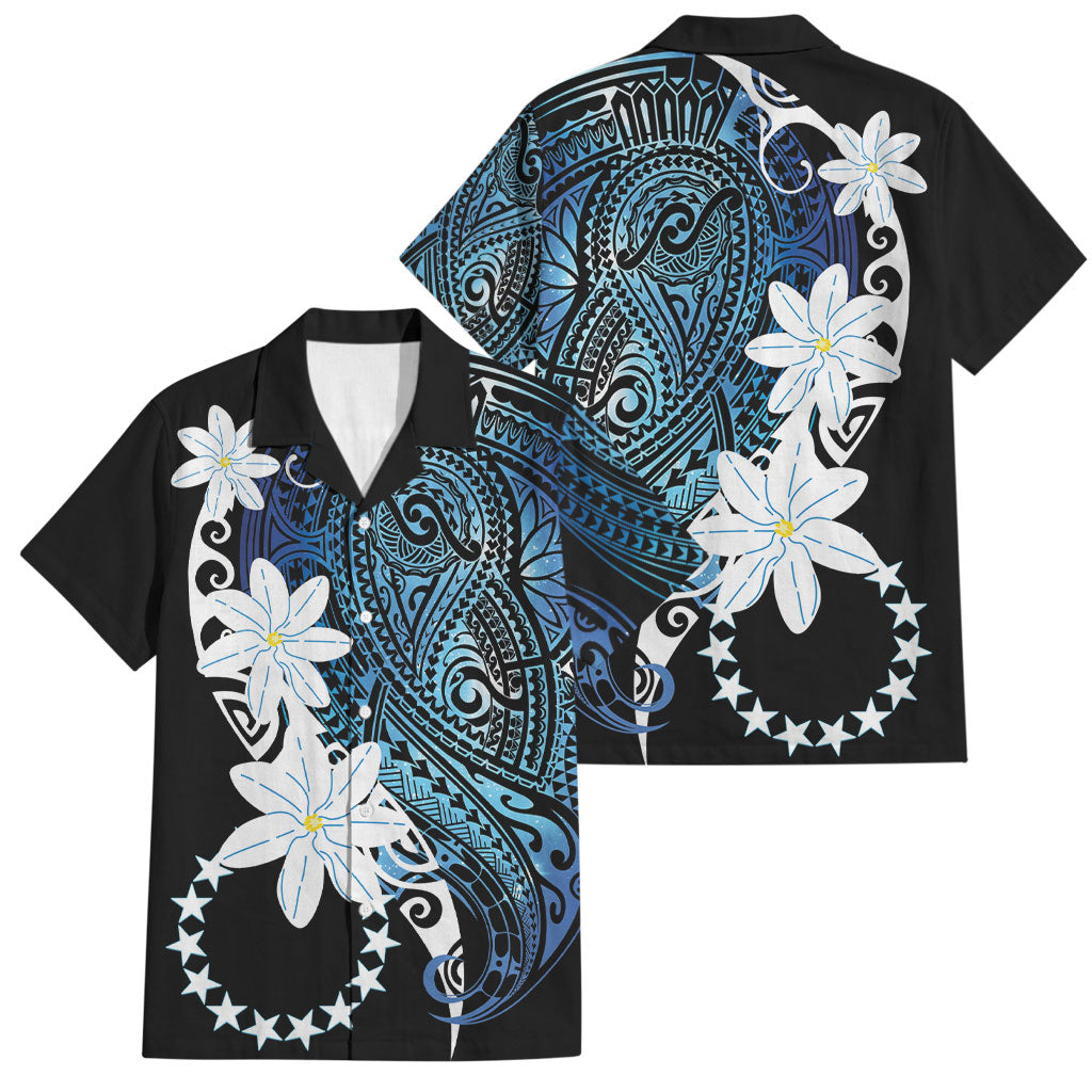 Cook Islands Maori Language Week Family Matching Off Shoulder Maxi Dress and Hawaiian Shirt Tiare Maori Kuki Airani Blue Pattern LT22 Dad's Shirt - Short Sleeve Blue - Polynesian Pride