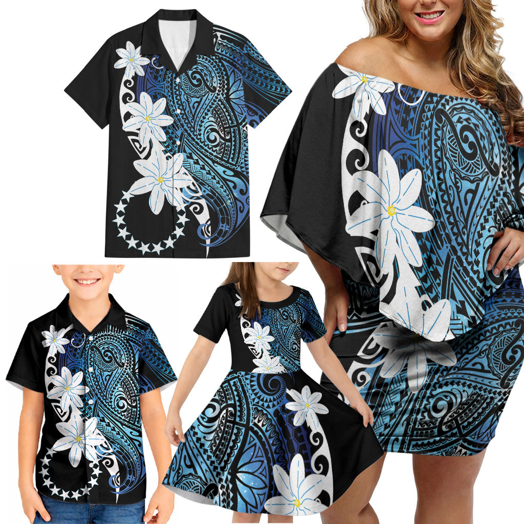 Cook Islands Maori Language Week Family Matching Off Shoulder Short Dress and Hawaiian Shirt Tiare Maori Kuki Airani Blue Pattern LT22 - Polynesian Pride