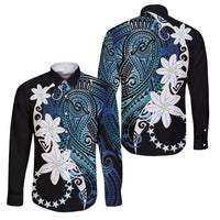 Cook Islands Maori Language Week Family Matching Puletasi and Hawaiian Shirt Tiare Maori Kuki Airani Blue Pattern LT22 Dad's Shirt - Long Sleeve Blue - Polynesian Pride