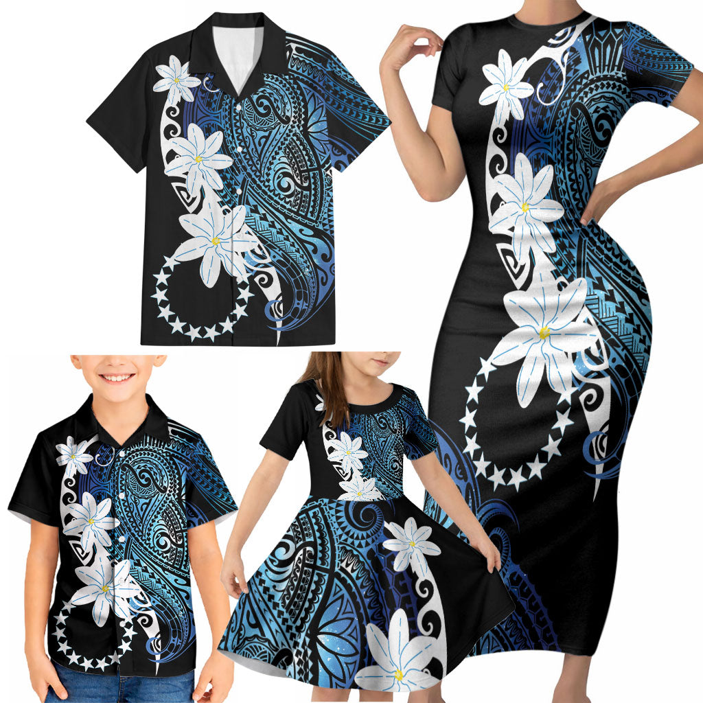 Cook Islands Maori Language Week Family Matching Short Sleeve Bodycon Dress and Hawaiian Shirt Tiare Maori Kuki Airani Blue Pattern LT22 - Polynesian Pride