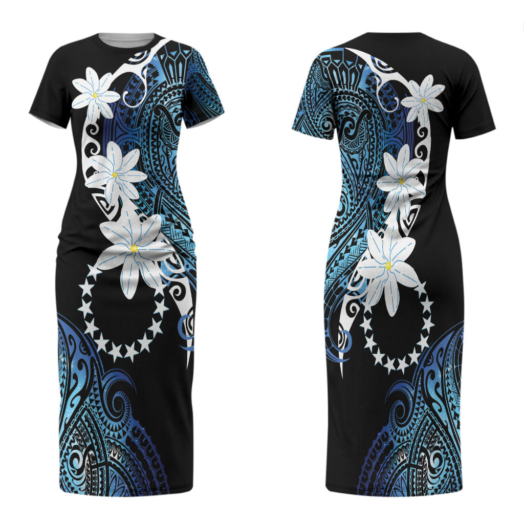 Cook Islands Maori Language Week Family Matching Short Sleeve Bodycon Dress and Hawaiian Shirt Tiare Maori Kuki Airani Blue Pattern LT22 Mom's Dress Blue - Polynesian Pride