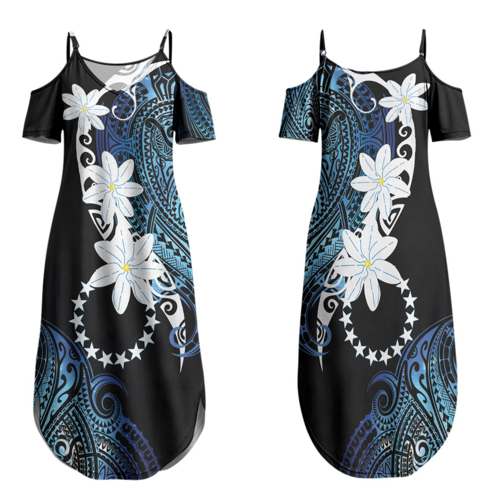 Cook Islands Maori Language Week Family Matching Summer Maxi Dress and Hawaiian Shirt Tiare Maori Kuki Airani Blue Pattern LT22 Mom's Dress Blue - Polynesian Pride