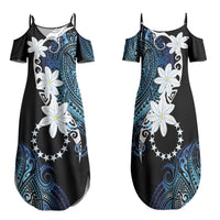 Cook Islands Maori Language Week Family Matching Summer Maxi Dress and Hawaiian Shirt Tiare Maori Kuki Airani Blue Pattern LT22 Mom's Dress Blue - Polynesian Pride