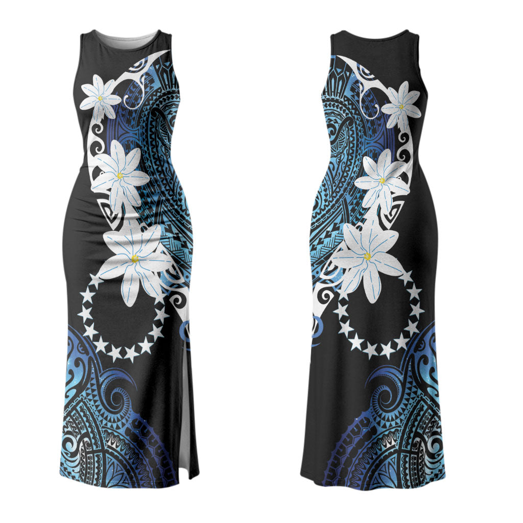 Cook Islands Maori Language Week Family Matching Tank Maxi Dress and Hawaiian Shirt Tiare Maori Kuki Airani Blue Pattern LT22 Mom's Dress Blue - Polynesian Pride