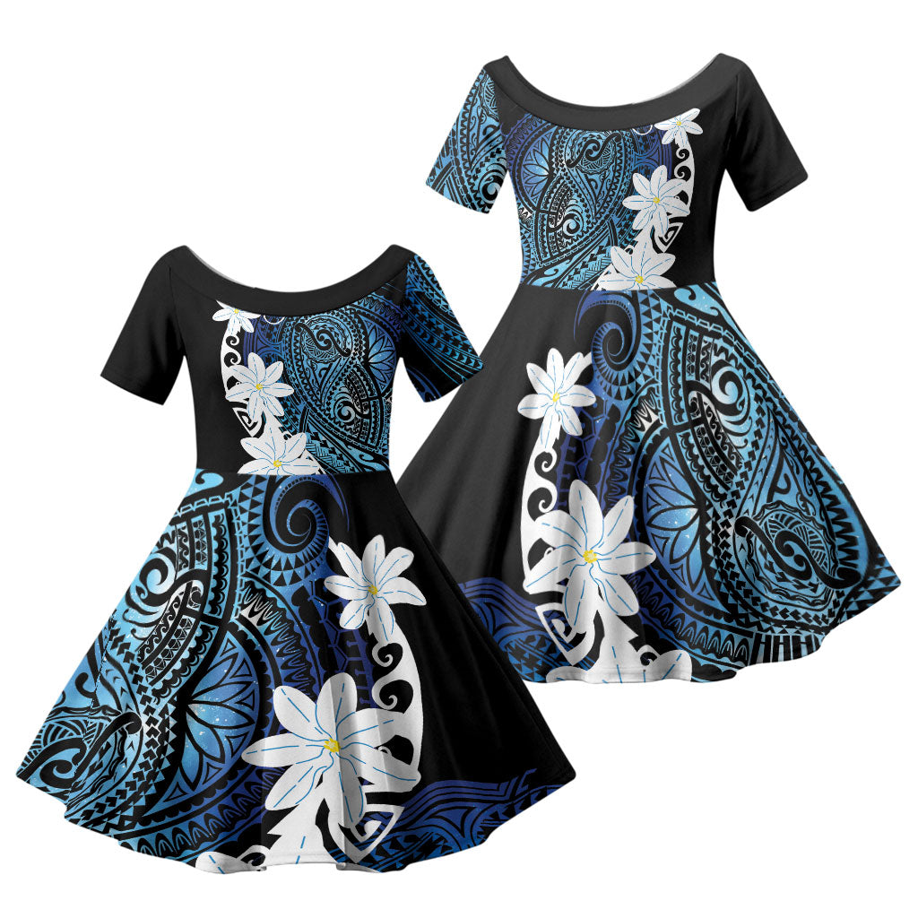 Cook Islands Maori Language Week Family Matching Tank Maxi Dress and Hawaiian Shirt Tiare Maori Kuki Airani Blue Pattern LT22 Daughter's Dress Blue - Polynesian Pride