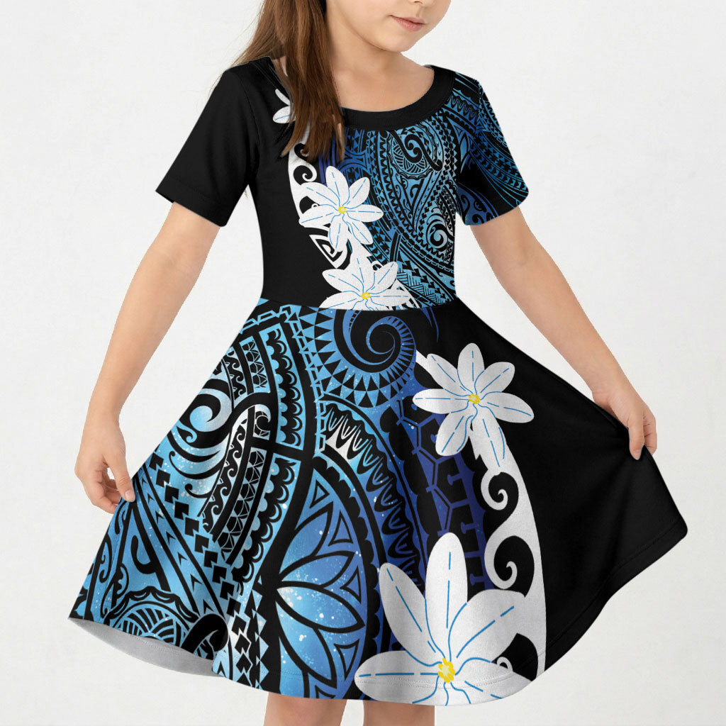Cook Islands Maori Language Week Kid Short Sleeve Dress Tiare Maori Kuki Airani Blue Pattern LT22 KID Blue - Polynesian Pride