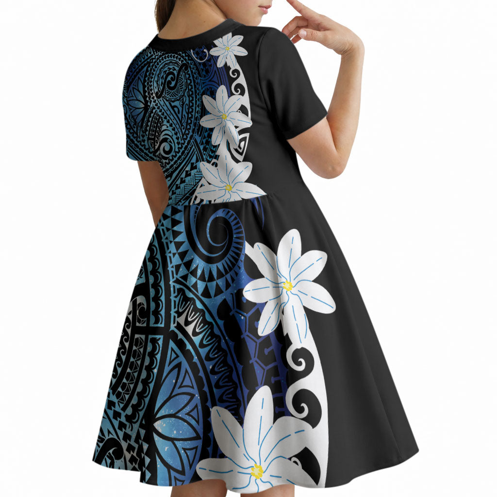 Cook Islands Maori Language Week Kid Short Sleeve Dress Tiare Maori Kuki Airani Blue Pattern LT22 - Polynesian Pride