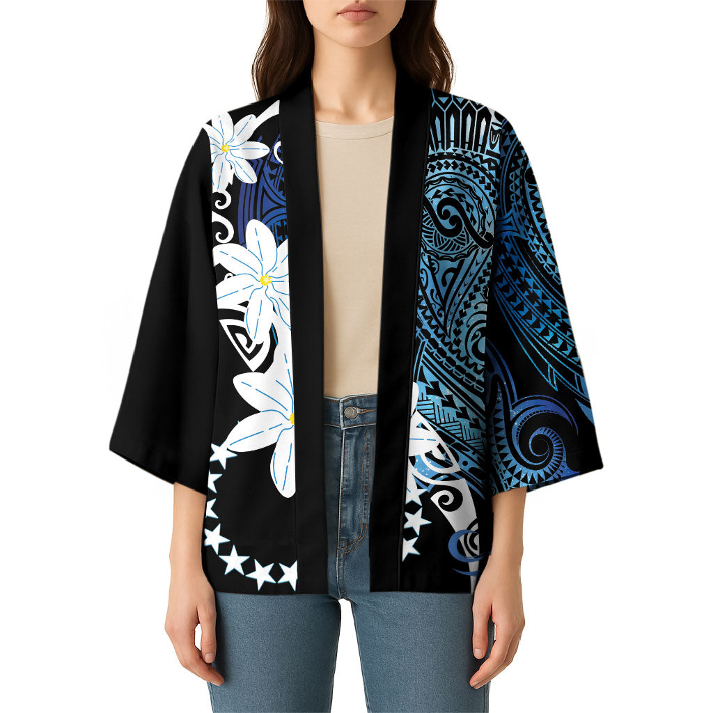 Cook Islands Maori Language Week Kimono Tiare Maori Kuki Airani Blue Pattern LT22 - Polynesian Pride