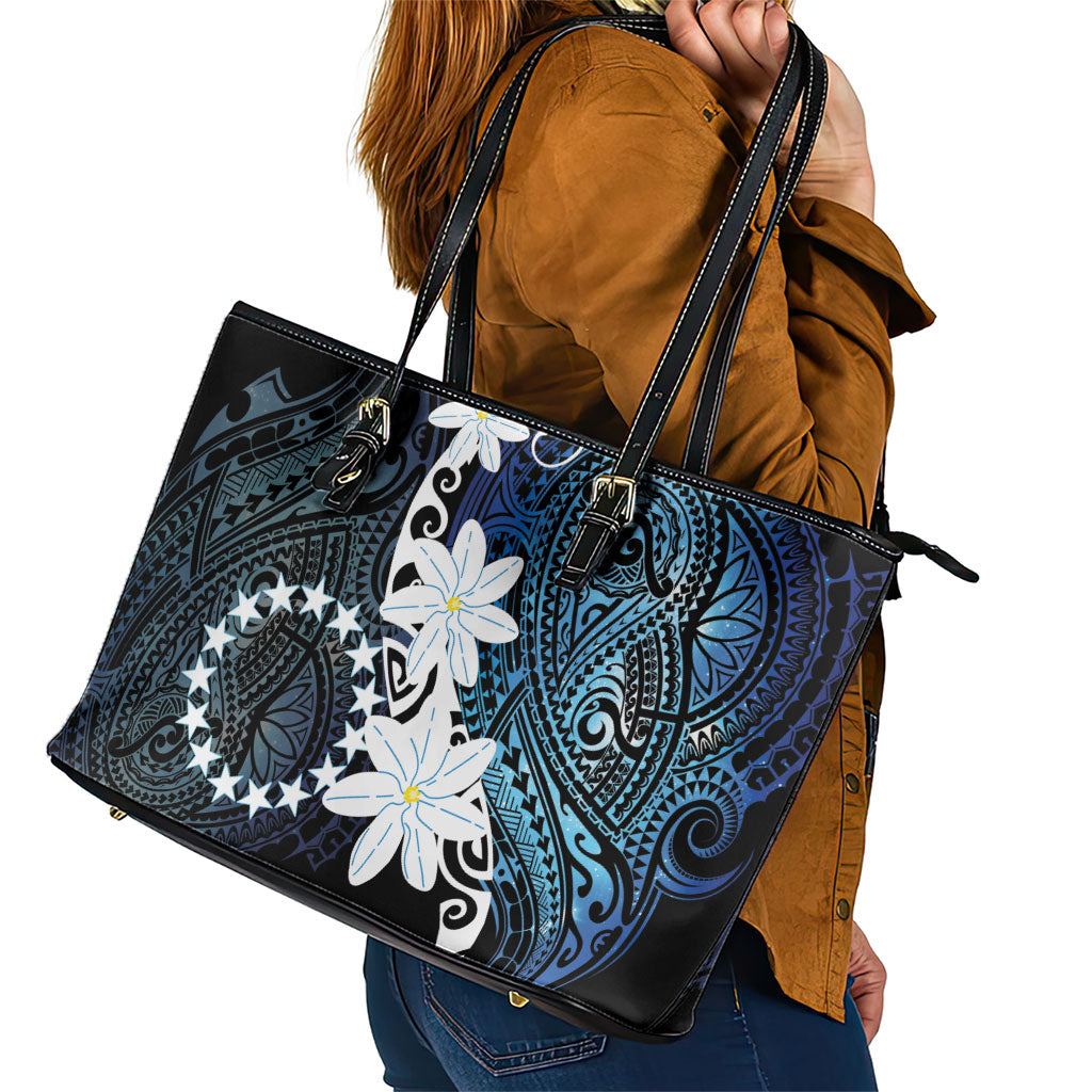 Cook Islands Maori Language Week Leather Tote Bag Tiare Maori Kuki Airani Blue Pattern