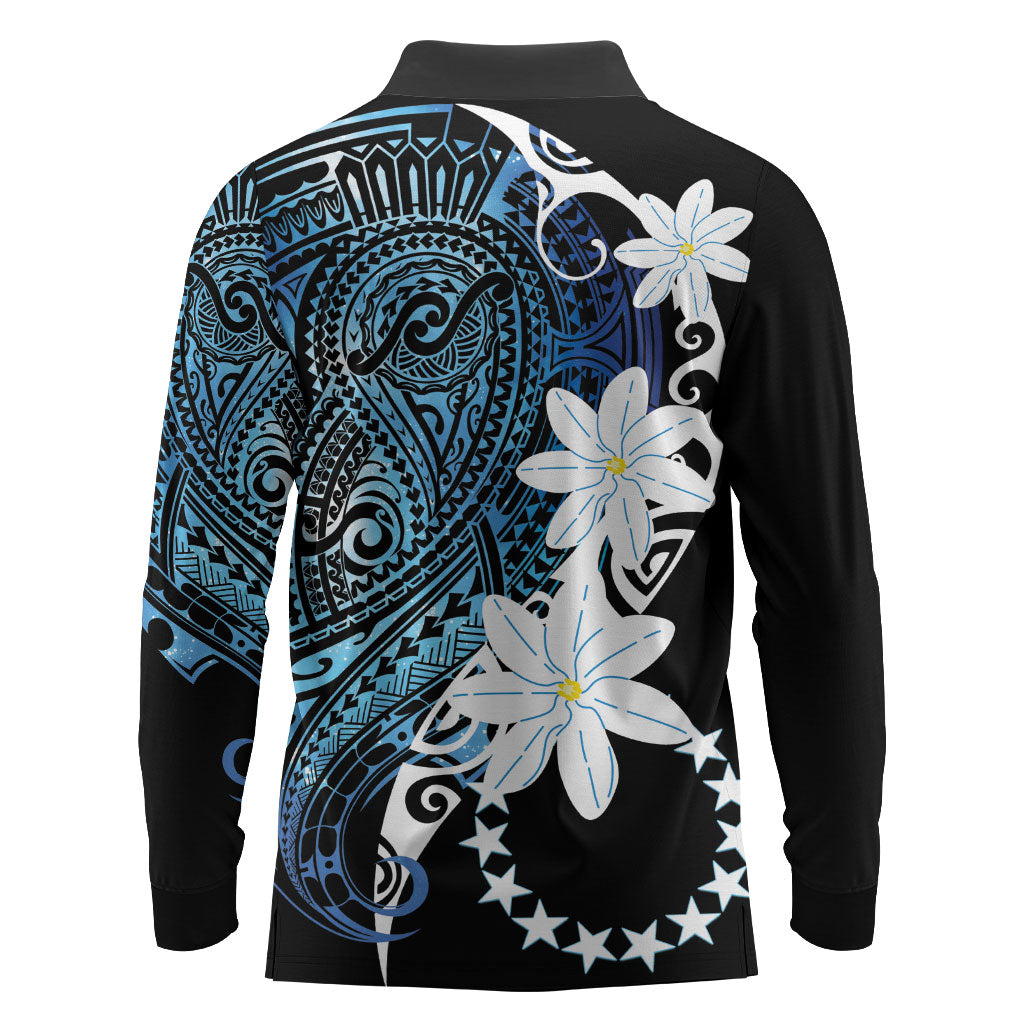 Cook Islands Maori Language Week Long Sleeve Polo Shirt Tiare Maori Kuki Airani Blue Pattern LT22 - Polynesian Pride