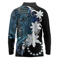 Cook Islands Maori Language Week Long Sleeve Polo Shirt Tiare Maori Kuki Airani Blue Pattern LT22 - Polynesian Pride