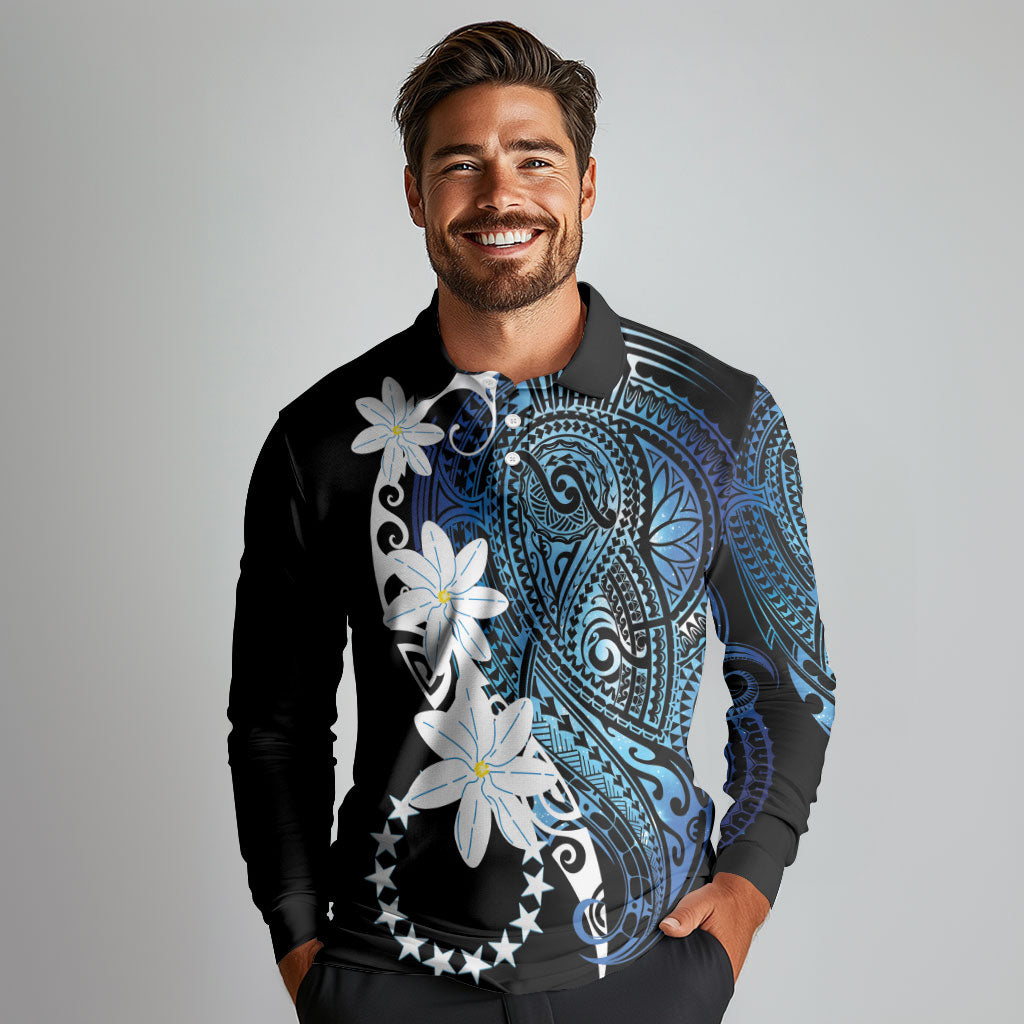 Cook Islands Maori Language Week Long Sleeve Polo Shirt Tiare Maori Kuki Airani Blue Pattern LT22 - Polynesian Pride