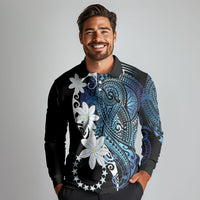 Cook Islands Maori Language Week Long Sleeve Polo Shirt Tiare Maori Kuki Airani Blue Pattern LT22 - Polynesian Pride