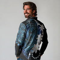 Cook Islands Maori Language Week Long Sleeve Polo Shirt Tiare Maori Kuki Airani Blue Pattern LT22 - Polynesian Pride