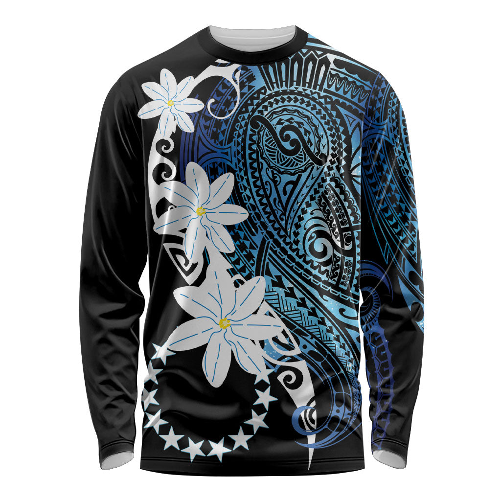 Cook Islands Maori Language Week Long Sleeve Shirt Tiare Maori Kuki Airani Blue Pattern LT22 Unisex Blue - Polynesian Pride