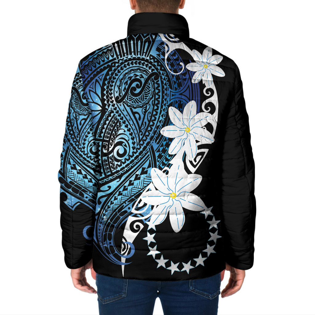 Cook Islands Maori Language Week Padded Jacket Tiare Maori Kuki Airani Blue Pattern LT22 - Polynesian Pride