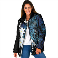 Cook Islands Maori Language Week Padded Jacket Tiare Maori Kuki Airani Blue Pattern LT22 Women Blue - Polynesian Pride