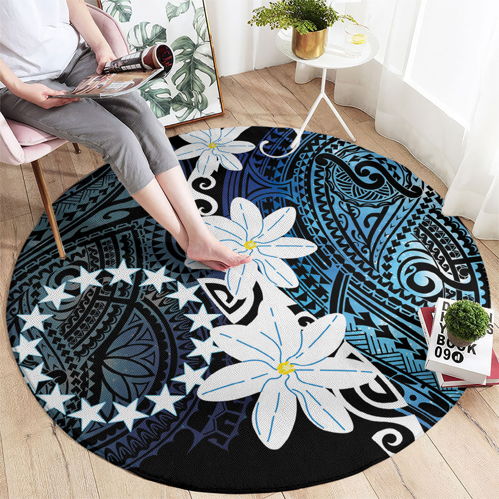 Cook Islands Maori Language Week Round Carpet Tiare Maori Kuki Airani Blue Pattern LT22 - Polynesian Pride