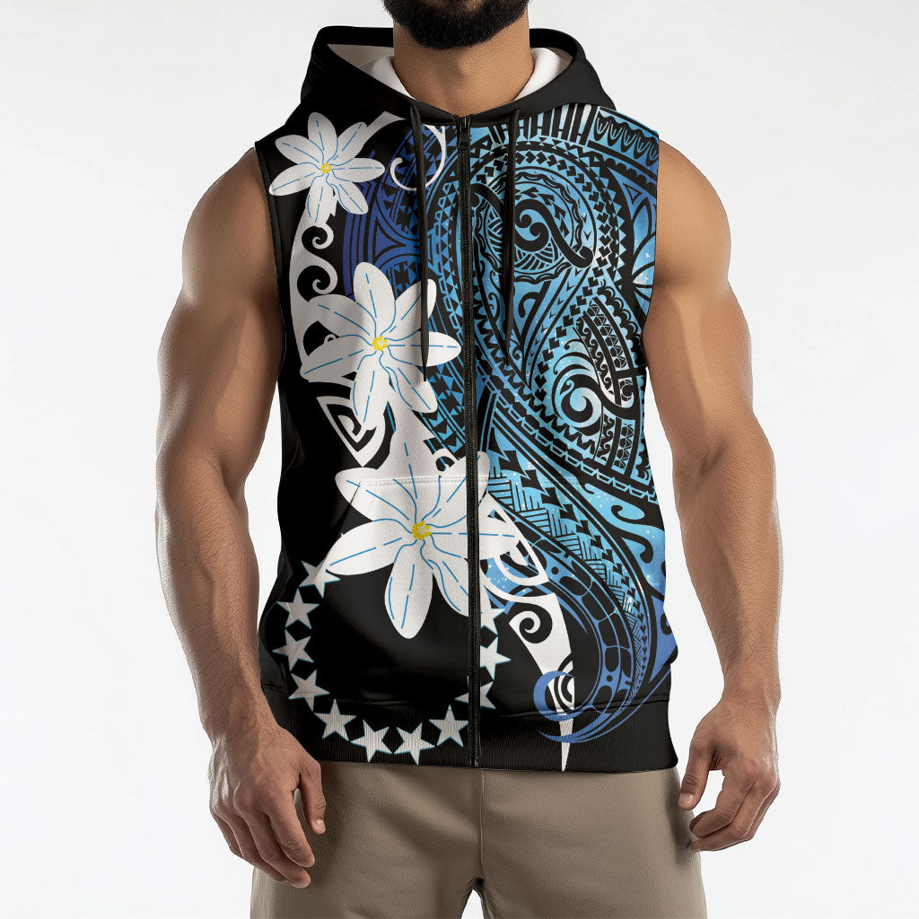 Cook Islands Maori Language Week Sleeveless Zip Hoodie Tiare Maori Kuki Airani Blue Pattern LT22 - Polynesian Pride