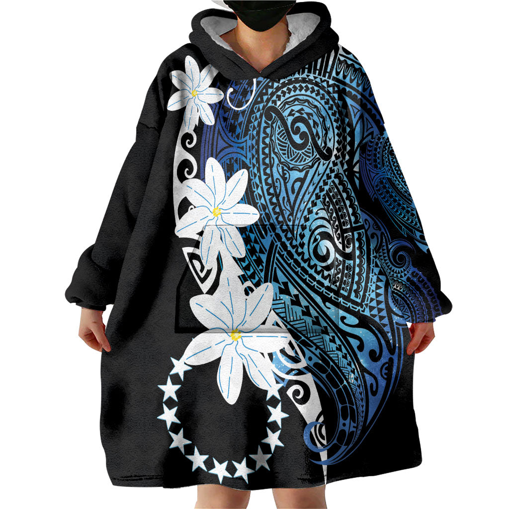 Cook Islands Maori Language Week Wearable Blanket Hoodie Tiare Maori Kuki Airani Blue Pattern LT22 - Polynesian Pride