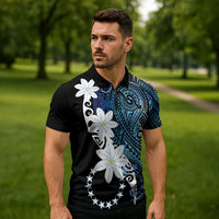Cook Islands Maori Language Week Zipper Polo Shirt Tiare Maori Kuki Airani Blue Pattern LT22 - Polynesian Pride