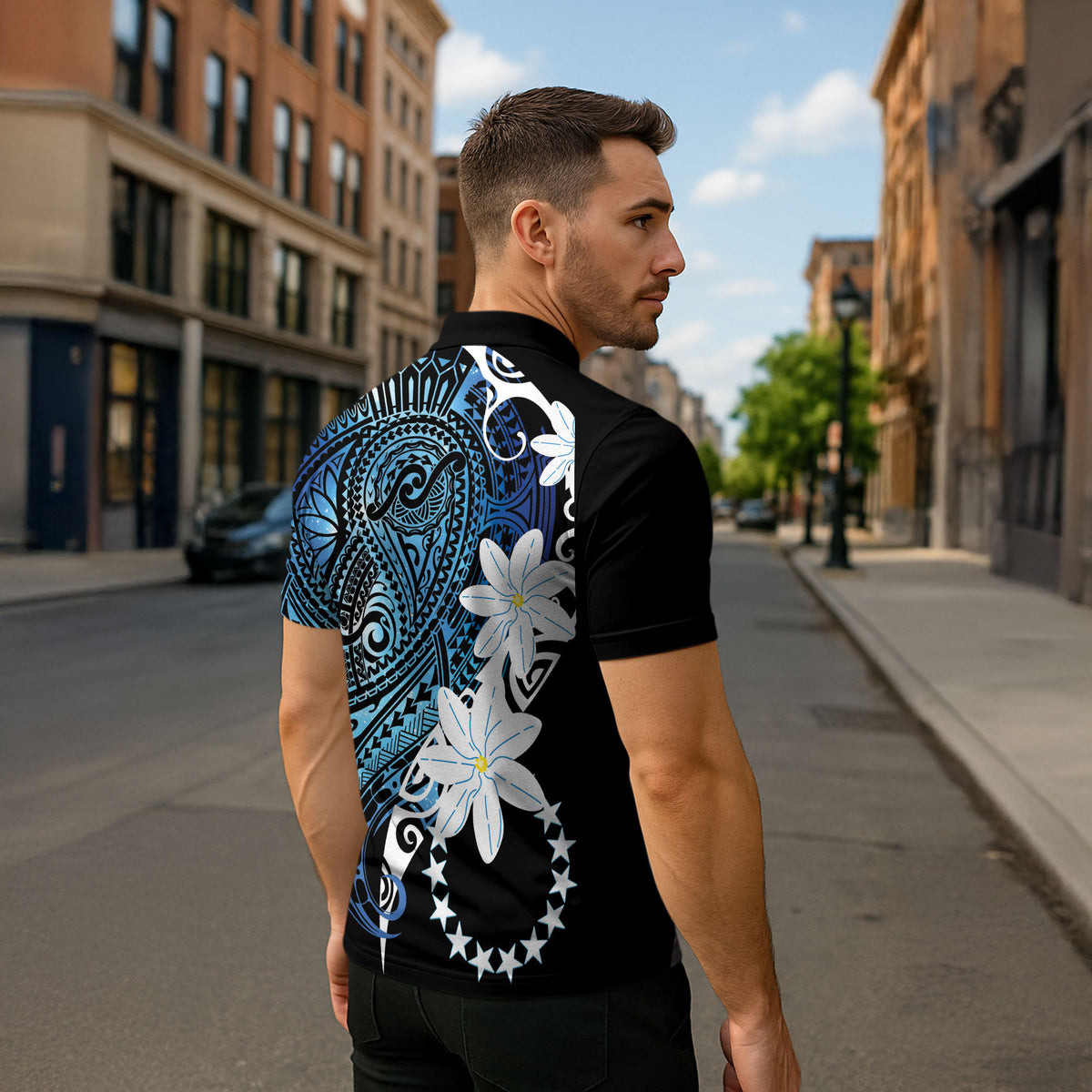 Cook Islands Maori Language Week Zipper Polo Shirt Tiare Maori Kuki Airani Blue Pattern LT22 - Polynesian Pride