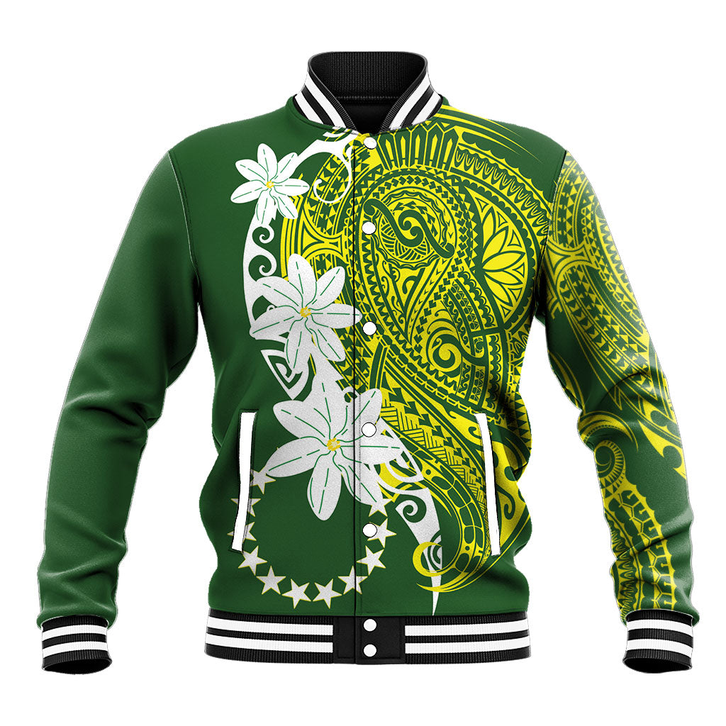 Cook Islands Maori Language Week Baseball Jacket Tiare Maori Kuki Airani Green Pattern LT22 Unisex Green - Polynesian Pride