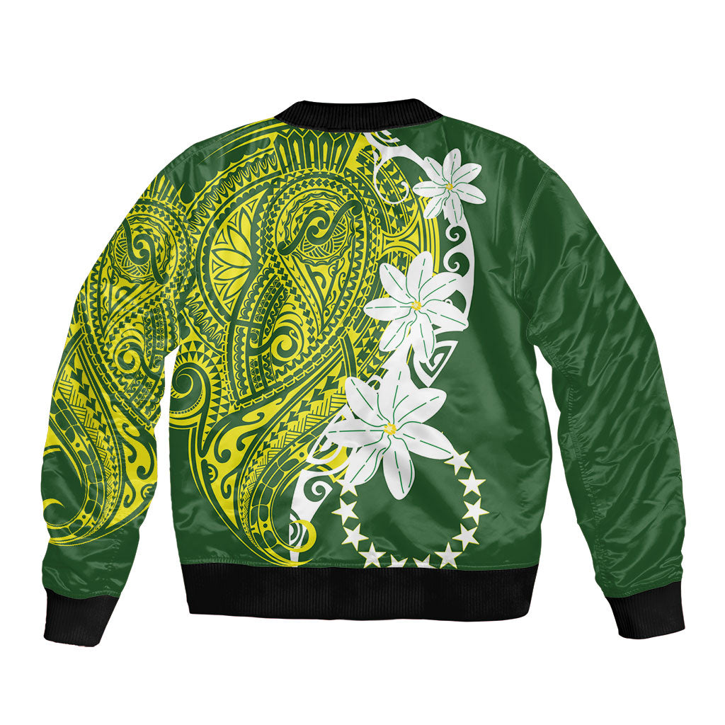 Cook Islands Maori Language Week Bomber Jacket Tiare Maori Kuki Airani Green Pattern LT22 - Polynesian Pride