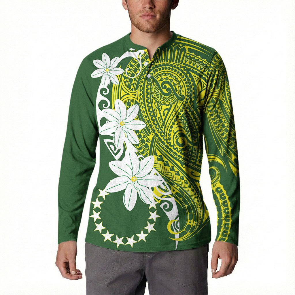 Cook Islands Maori Language Week Button Sweatshirt Tiare Maori Kuki Airani Green Pattern LT22 - Polynesian Pride