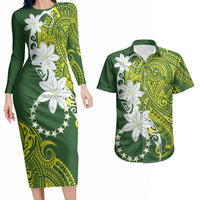 Cook Islands Maori Language Week Couples Matching Long Sleeve Bodycon Dress and Hawaiian Shirt Tiare Maori Kuki Airani Green Pattern LT22 Green - Polynesian Pride