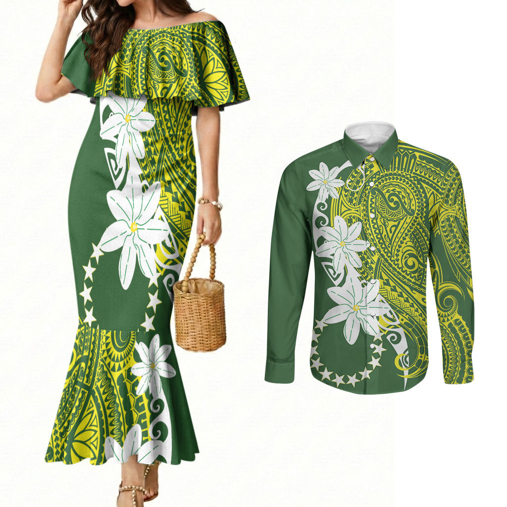 Cook Islands Maori Language Week Couples Matching Mermaid Dress and Long Sleeve Button Shirt Tiare Maori Kuki Airani Green Pattern LT22 Green - Polynesian Pride