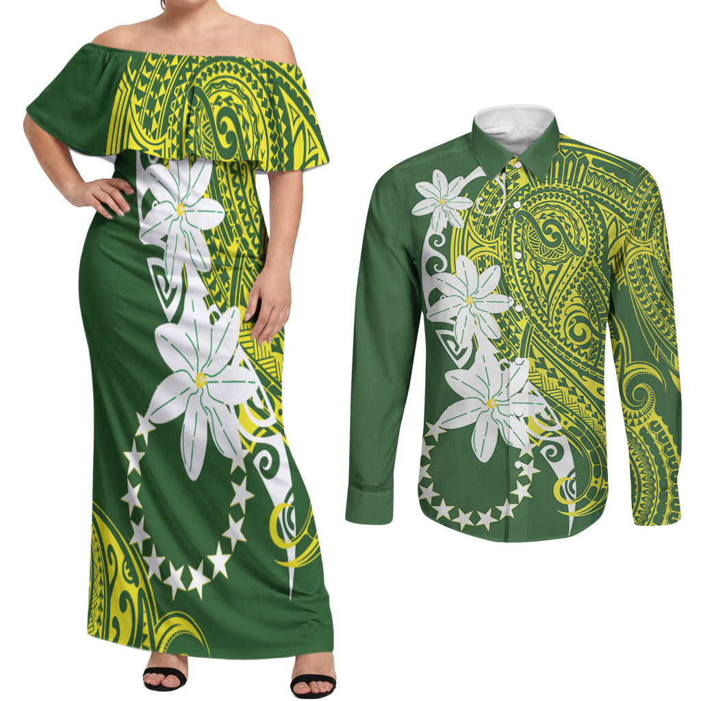 Cook Islands Maori Language Week Couples Matching Off Shoulder Maxi Dress and Long Sleeve Button Shirt Tiare Maori Kuki Airani Green Pattern LT22 Green - Polynesian Pride