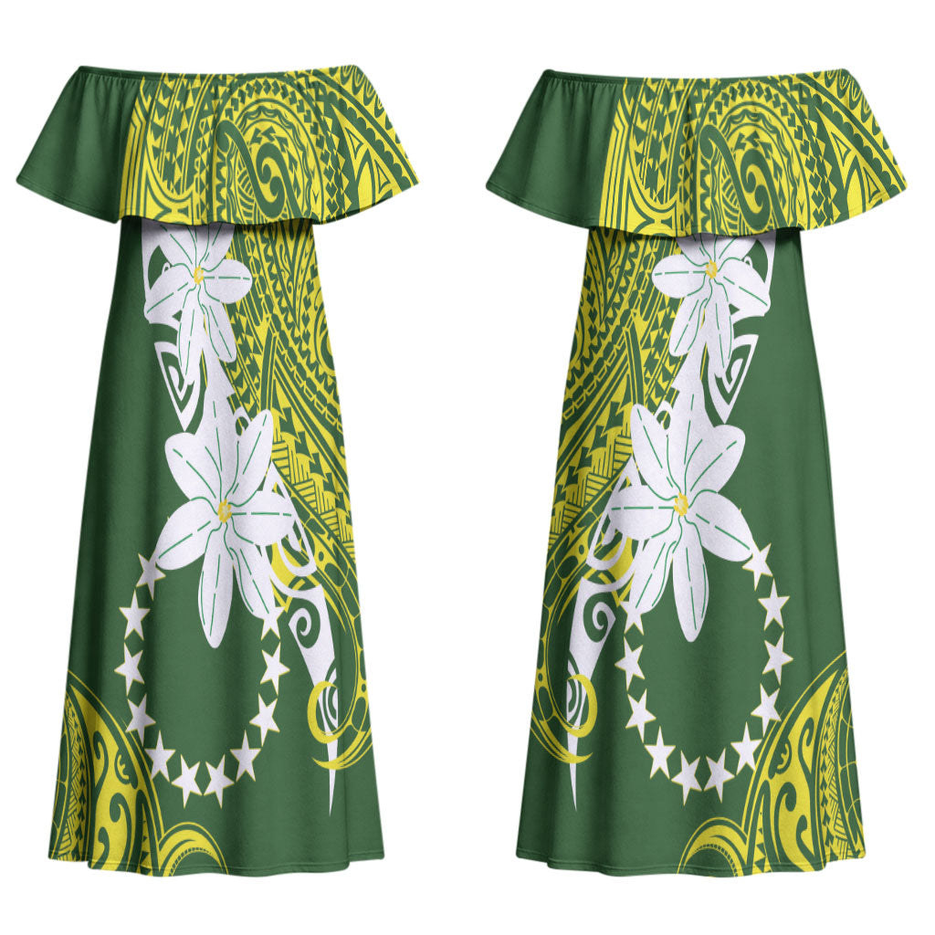 Cook Islands Maori Language Week Couples Matching Off Shoulder Maxi Dress and Long Sleeve Button Shirt Tiare Maori Kuki Airani Green Pattern LT22 - Polynesian Pride