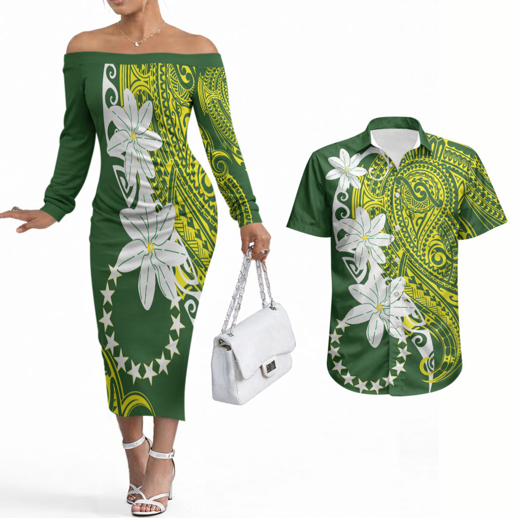 Cook Islands Maori Language Week Couples Matching Off The Shoulder Long Sleeve Dress and Hawaiian Shirt Tiare Maori Kuki Airani Green Pattern LT22 Green - Polynesian Pride