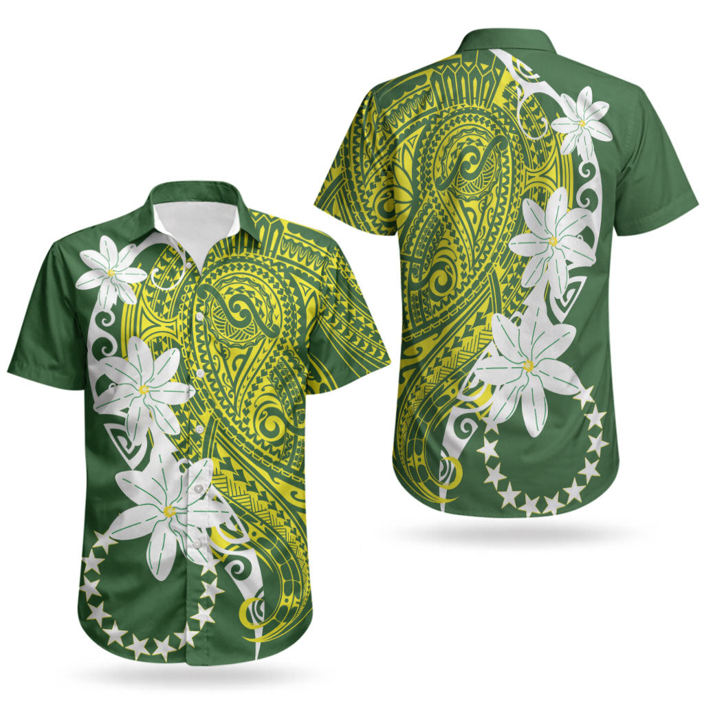 Cook Islands Maori Language Week Couples Matching Puletasi and Hawaiian Shirt Tiare Maori Kuki Airani Green Pattern LT22 - Polynesian Pride