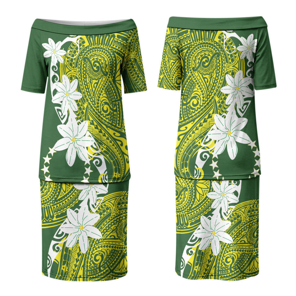 Cook Islands Maori Language Week Couples Matching Puletasi and Hawaiian Shirt Tiare Maori Kuki Airani Green Pattern LT22 - Polynesian Pride