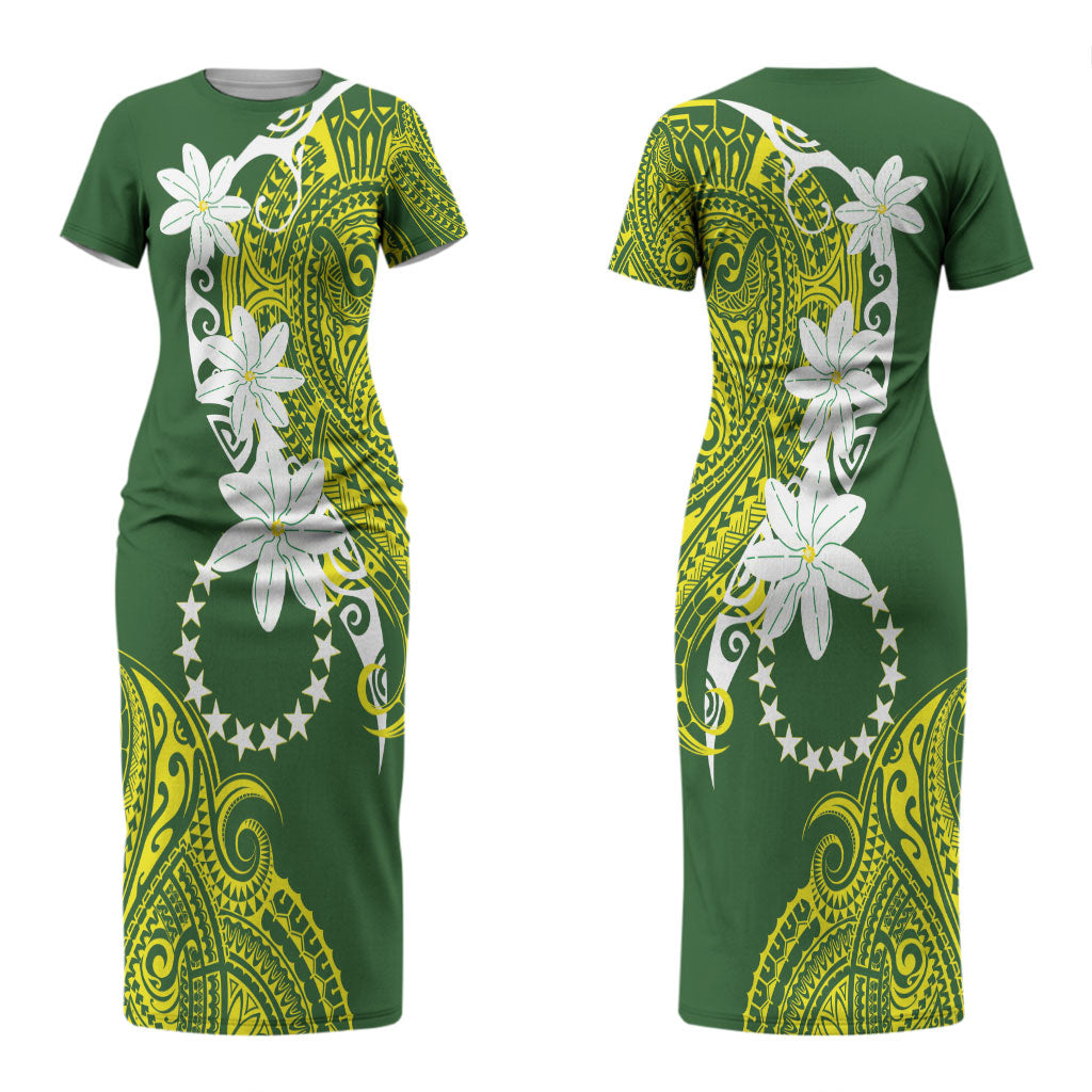 Cook Islands Maori Language Week Couples Matching Short Sleeve Bodycon Dress and Hawaiian Shirt Tiare Maori Kuki Airani Green Pattern LT22 - Polynesian Pride
