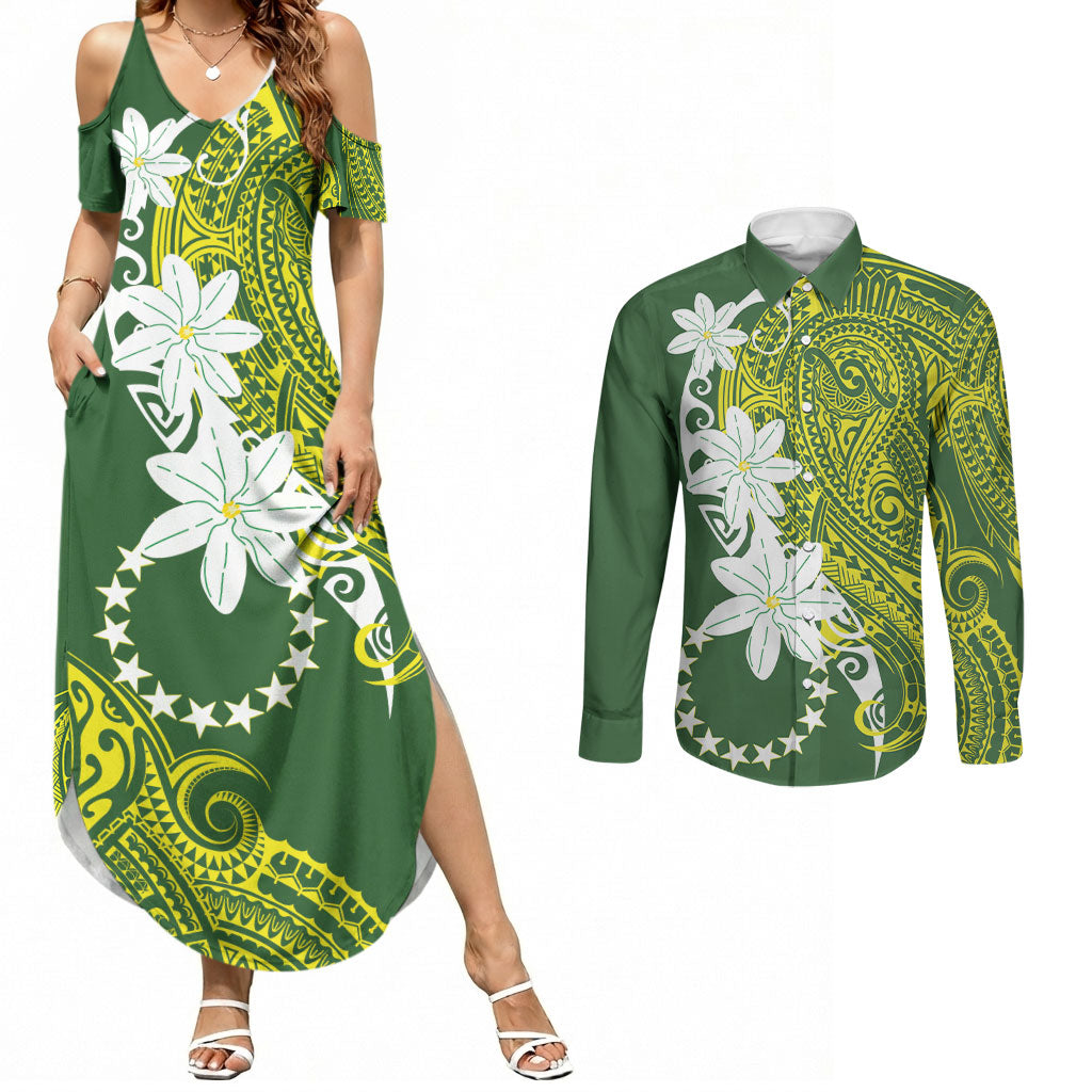 Cook Islands Maori Language Week Couples Matching Summer Maxi Dress and Long Sleeve Button Shirt Tiare Maori Kuki Airani Green Pattern LT22 Green - Polynesian Pride