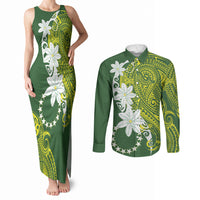 Cook Islands Maori Language Week Couples Matching Tank Maxi Dress and Long Sleeve Button Shirt Tiare Maori Kuki Airani Green Pattern LT22 Green - Polynesian Pride