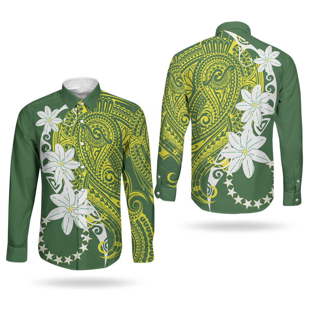 Cook Islands Maori Language Week Couples Matching Tank Maxi Dress and Long Sleeve Button Shirt Tiare Maori Kuki Airani Green Pattern LT22 - Polynesian Pride