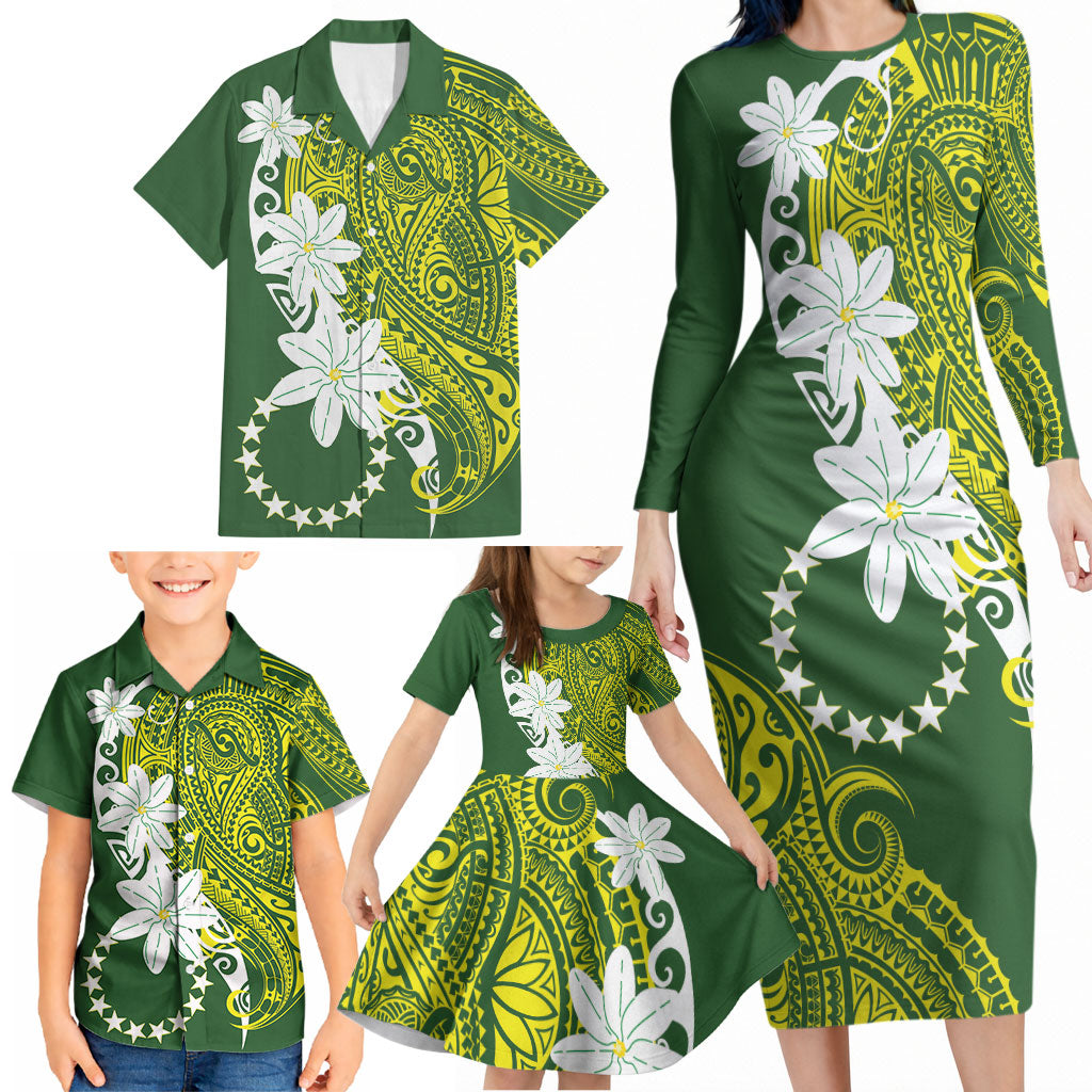 Cook Islands Maori Language Week Family Matching Long Sleeve Bodycon Dress and Hawaiian Shirt Tiare Maori Kuki Airani Green Pattern LT22 - Polynesian Pride