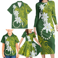 Cook Islands Maori Language Week Family Matching Long Sleeve Bodycon Dress and Hawaiian Shirt Tiare Maori Kuki Airani Green Pattern LT22 - Polynesian Pride