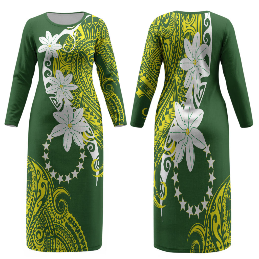 Cook Islands Maori Language Week Family Matching Long Sleeve Bodycon Dress and Hawaiian Shirt Tiare Maori Kuki Airani Green Pattern LT22 Mom's Dress Green - Polynesian Pride