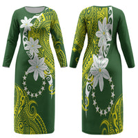 Cook Islands Maori Language Week Family Matching Long Sleeve Bodycon Dress and Hawaiian Shirt Tiare Maori Kuki Airani Green Pattern LT22 Mom's Dress Green - Polynesian Pride