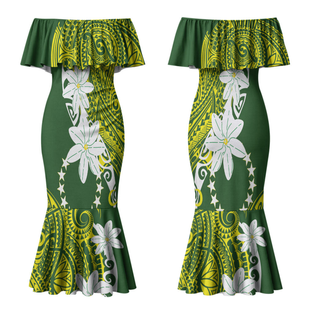 Cook Islands Maori Language Week Family Matching Mermaid Dress and Hawaiian Shirt Tiare Maori Kuki Airani Green Pattern LT22 Mom's Dress Green - Polynesian Pride