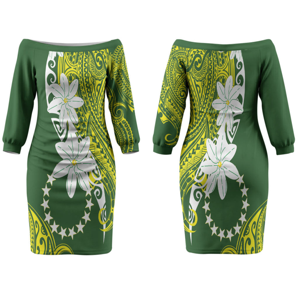 Cook Islands Maori Language Week Family Matching Off The Shoulder Long Sleeve Dress and Hawaiian Shirt Tiare Maori Kuki Airani Green Pattern LT22 Mom's Dress Green - Polynesian Pride