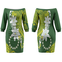 Cook Islands Maori Language Week Family Matching Off The Shoulder Long Sleeve Dress and Hawaiian Shirt Tiare Maori Kuki Airani Green Pattern LT22 Mom's Dress Green - Polynesian Pride