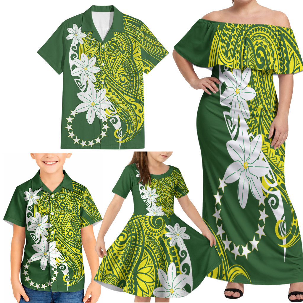 Cook Islands Maori Language Week Family Matching Off Shoulder Maxi Dress and Hawaiian Shirt Tiare Maori Kuki Airani Green Pattern LT22 - Polynesian Pride