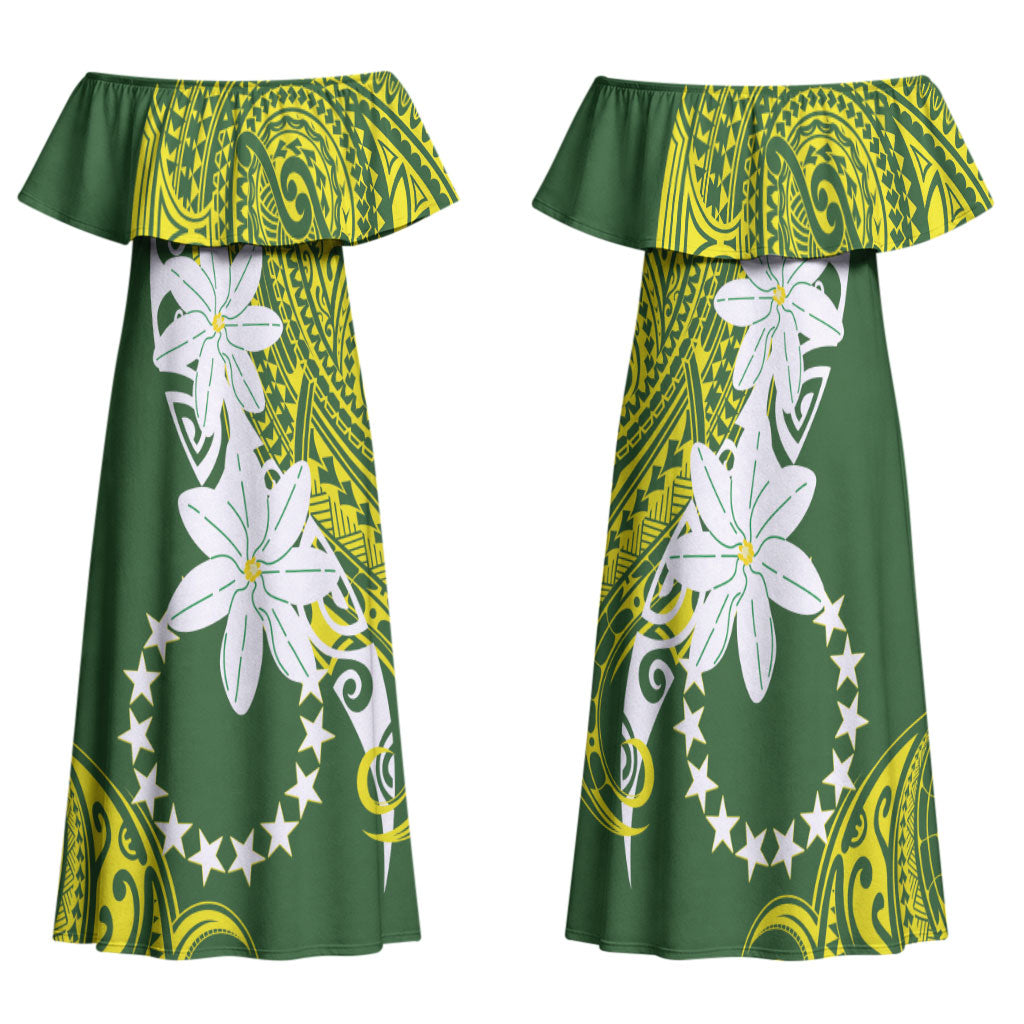 Cook Islands Maori Language Week Family Matching Off Shoulder Maxi Dress and Hawaiian Shirt Tiare Maori Kuki Airani Green Pattern LT22 Mom's Dress Green - Polynesian Pride